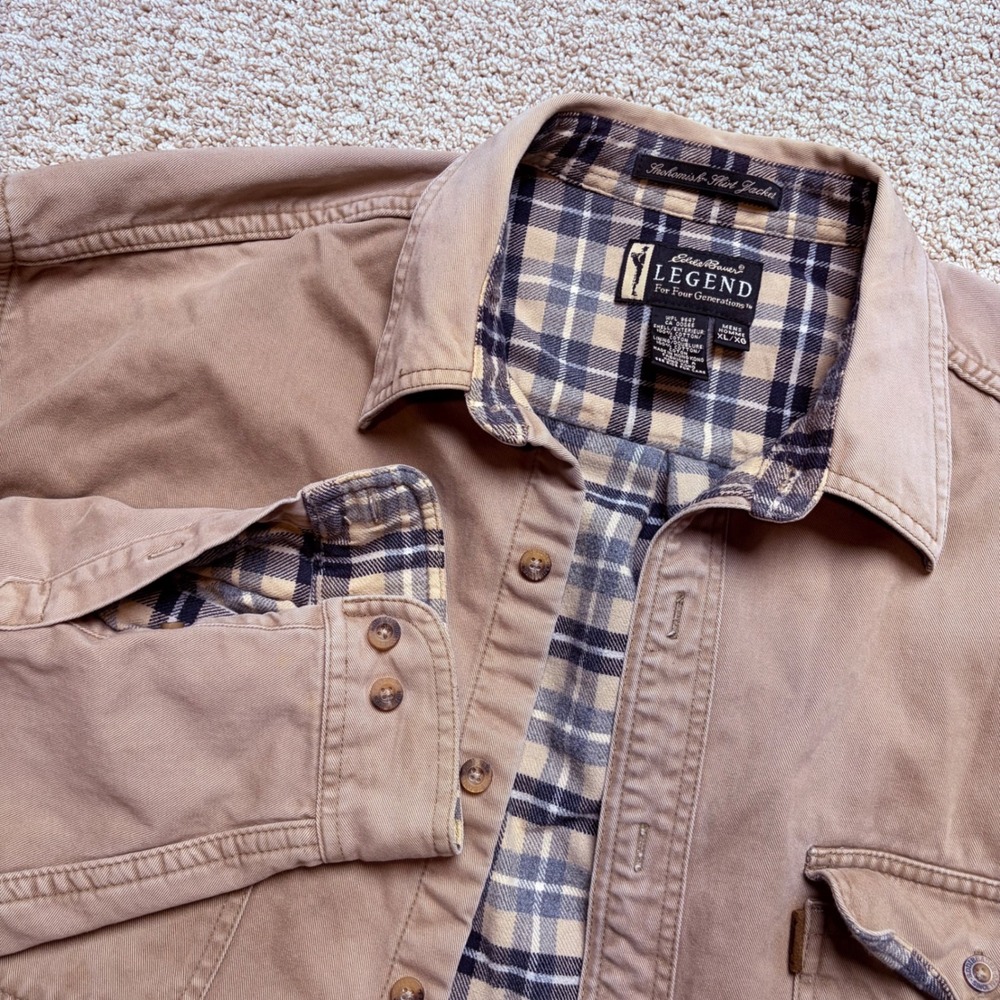 Vintage Eddie Bauer Legend Snohomish XL Tan Plaid Lined Shacket Workwear Canvas